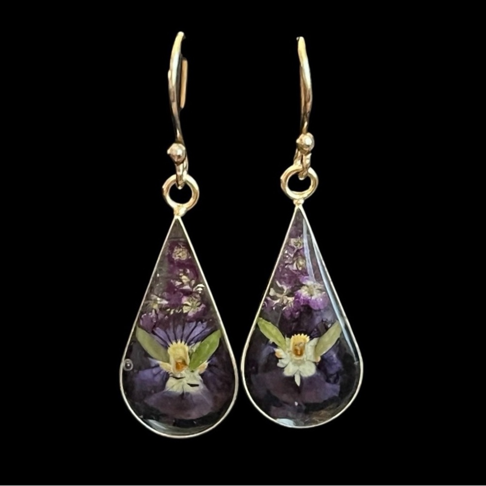 Vintage sterling silver vermeil dried flower dangle earrings